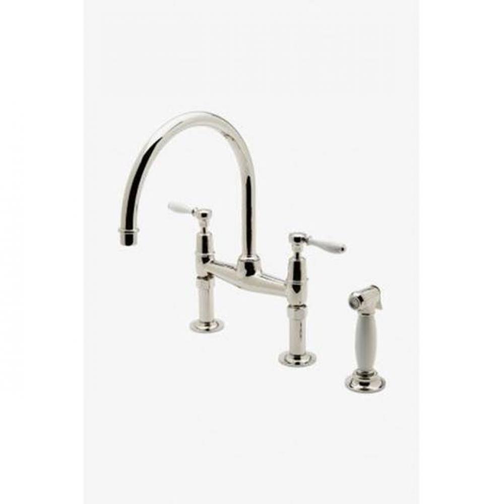 Easton Classic Two Hole Bridge Gooseneck Kitchen Faucet, White Porcelain Lever Handles and Spray i