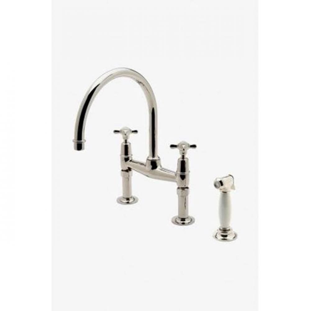 Easton Classic Two Hole Bridge Kitchen Faucet, Metal Cross Handles and White Porcelain Spray in Ch