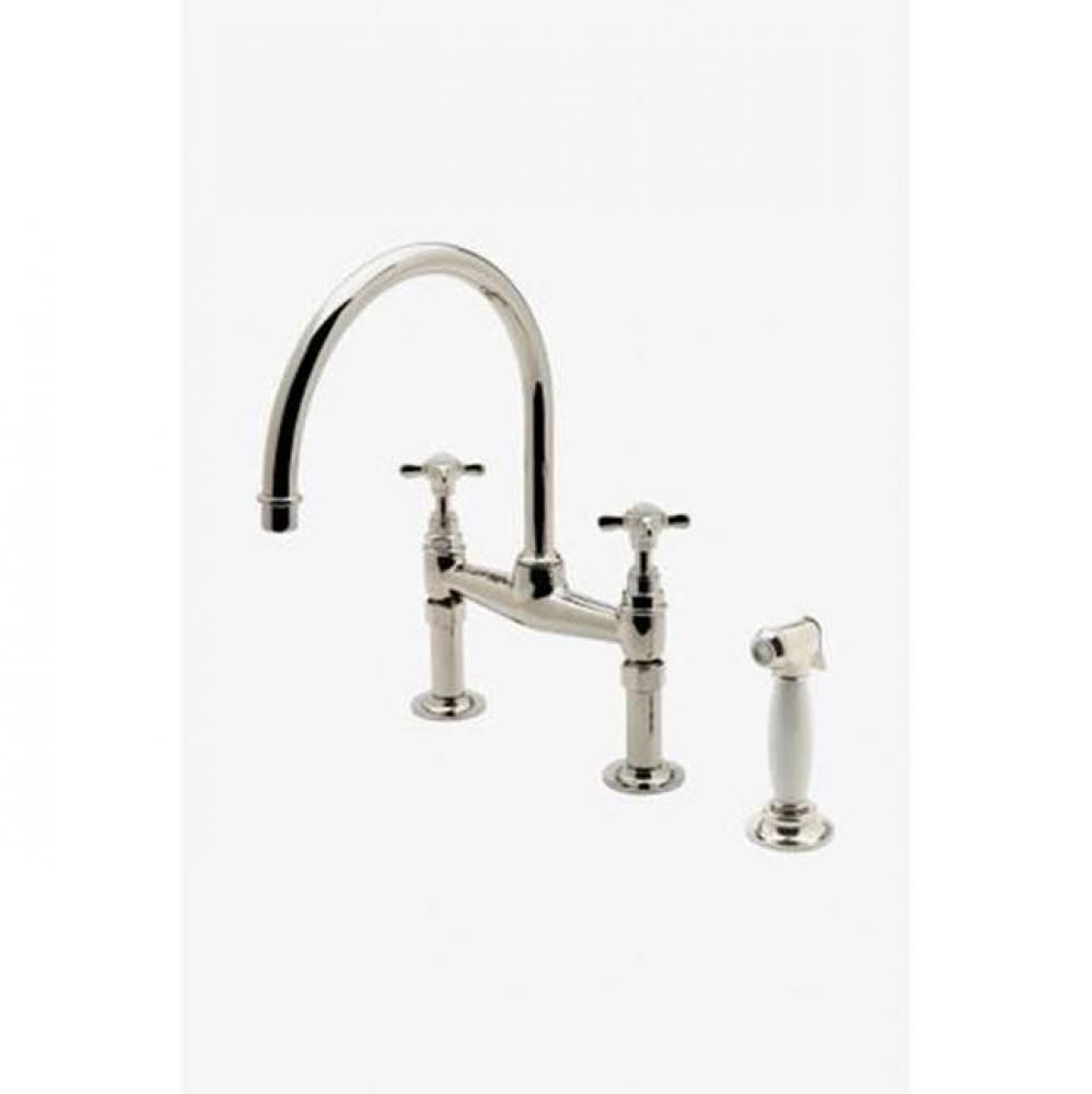 Easton Vintage Two Hole Bridge Gooseneck Kitchen Faucet, Metal Cross Handles and White Porcelain S