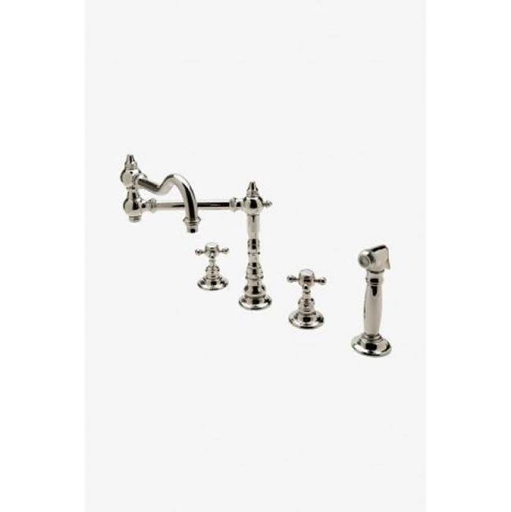 Julia Three Hole Articulated Kitchen Faucet, Metal Cross Handles and Spray in Brass