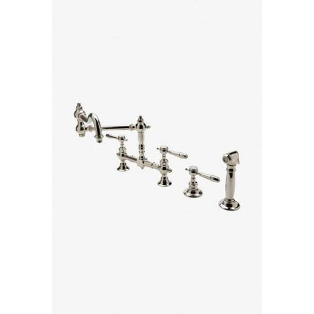 Julia Two Hole Bridge Articulated Kitchen Faucet, Metal Lever Handles and Spray in Chrome