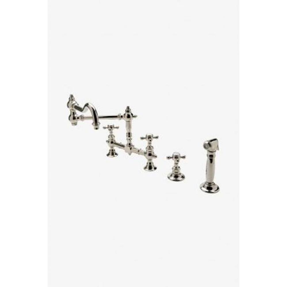 Julia Two Hole Bridge Articulated Kitchen Faucet, Metal Cross Handles and Spray in Chrome