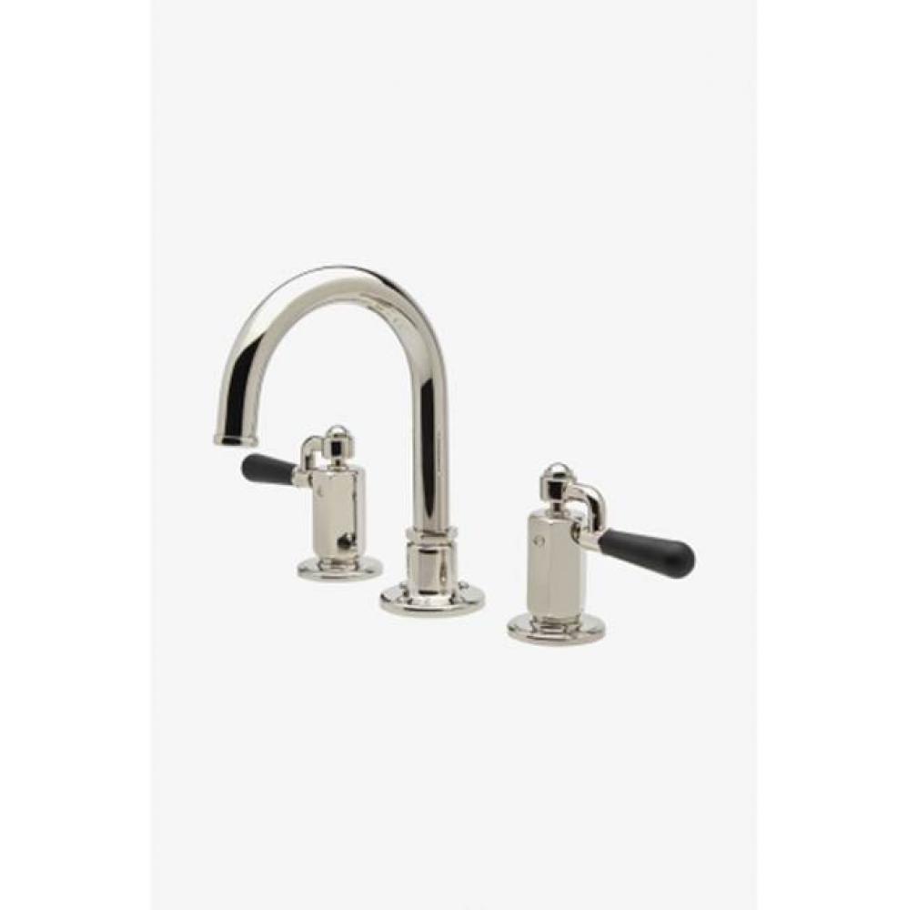 Regulator Gooseneck Three Hole Deck Mounted Lavatory Faucet with Black Drop Lever Handles in