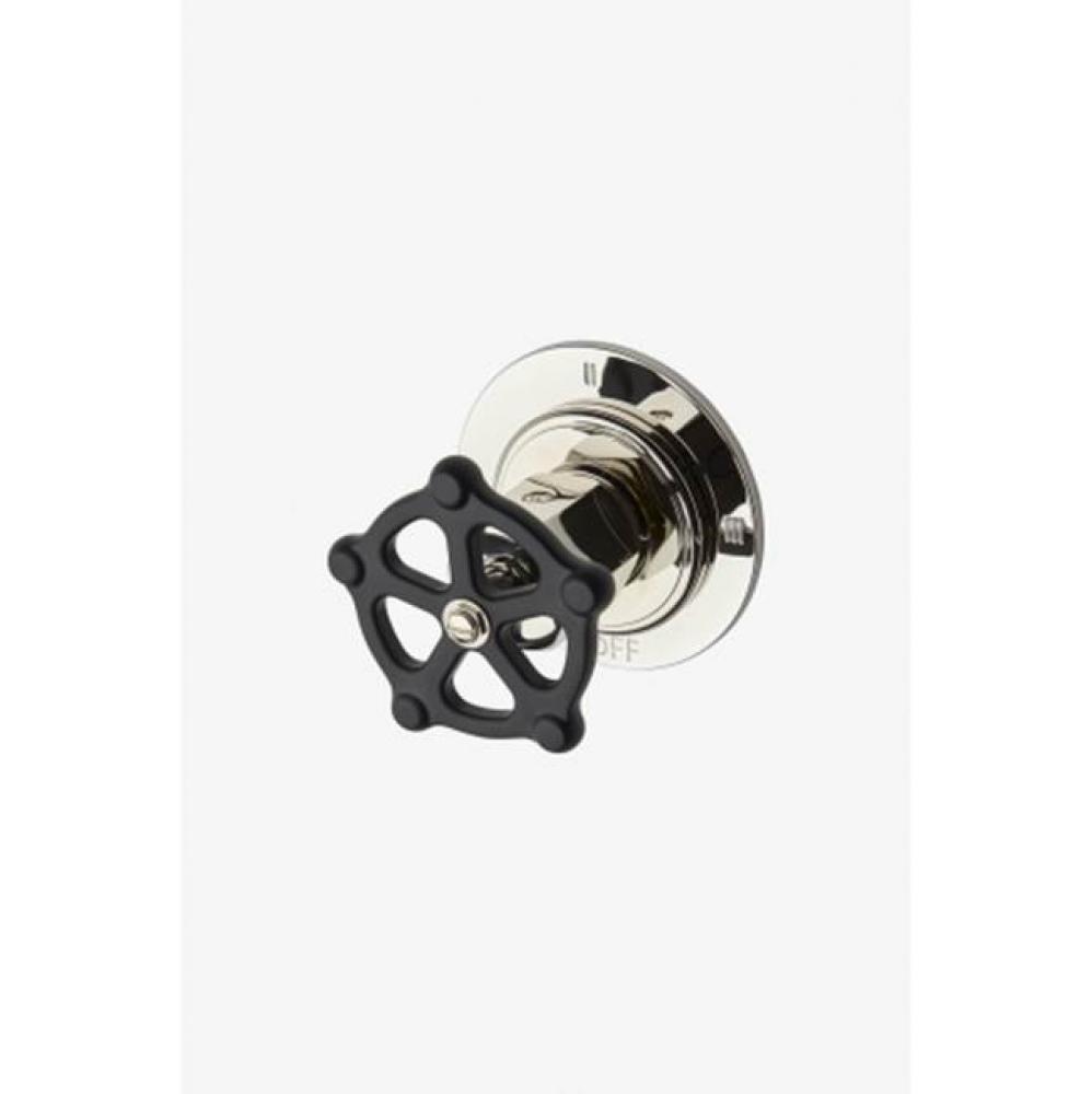 Regulator Three Way Thermostatic Diverter Valve Trim with Black Wheel Handle in Unlacquered Brass