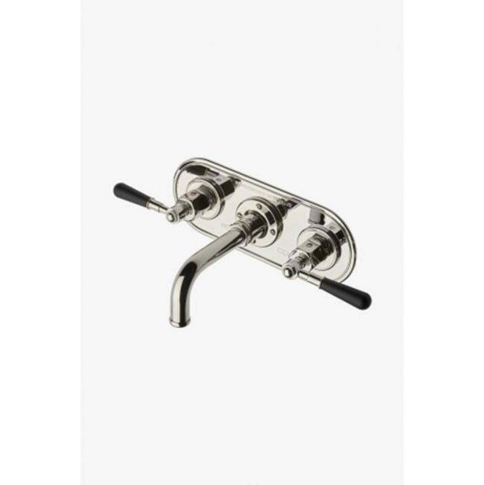 Regulator Low Profile Three Hole Wall Mounted Lavatory Faucet with Black Lever Handles in Nickel,