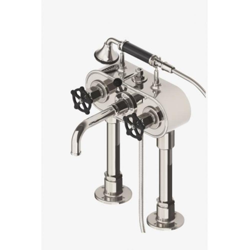 Regulator Exposed Deck Mounted Tub Filler with 2.5gpm Handshower and Black Wheel Handles in Unlacq