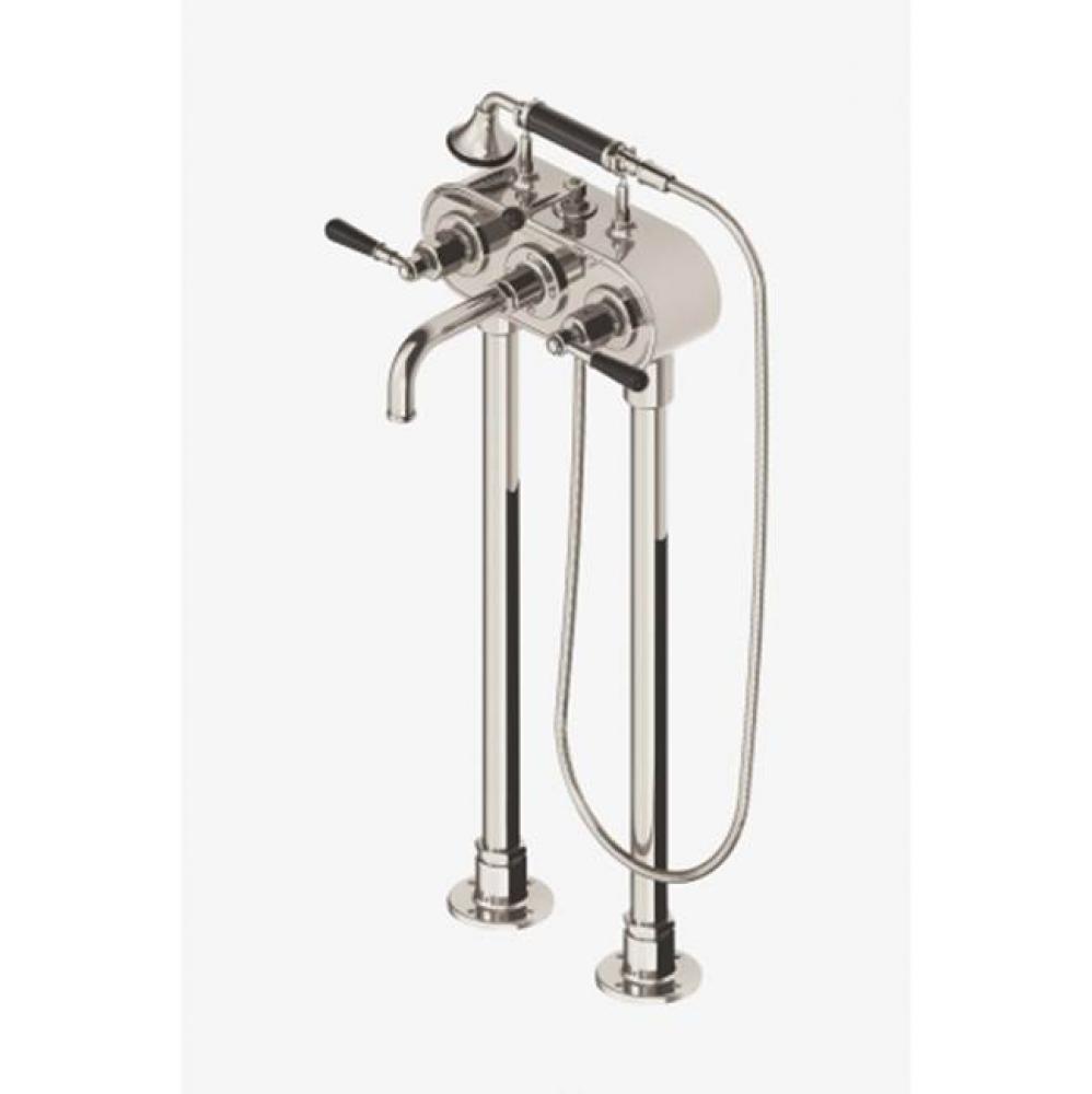 Regulator Exposed Floor Mounted Tub Filler with 2.5gpm Handshower and Black Lever Handles in Nicke