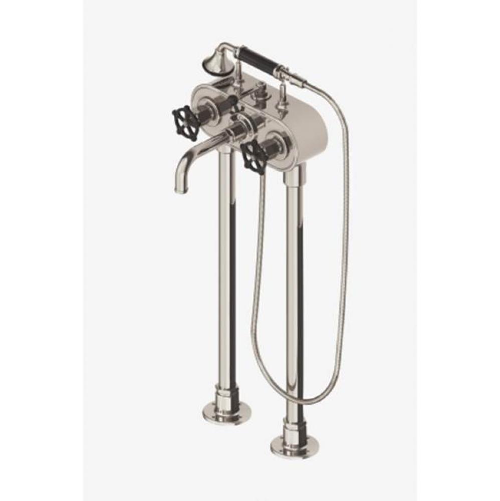 Regulator Exposed Floor Mounted Tub Filler with 1.75gpm Handshower and Black Wheel Handles in Unla
