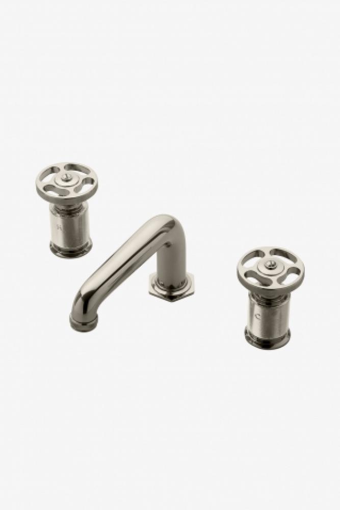 R.W. Atlas Low Profile Three Hole Deck Mounted Lavatory Faucet with Metal Wheel Handles in