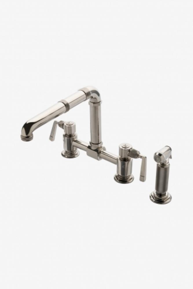 R.W. Atlas Two Hole Bridge High Profile Kitchen Faucet, Metal Side Mount Levers and Spray in