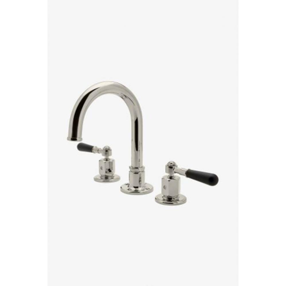 Regulator Gooseneck Three Hole Deck Mounted Lavatory Faucet with Black Lever Handles in Burnished
