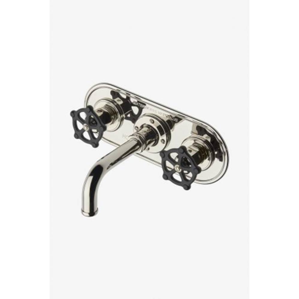 Regulator Low Profile Three Hole Wall Mounted Lavatory Faucet with Low Black Wheel Handles in
