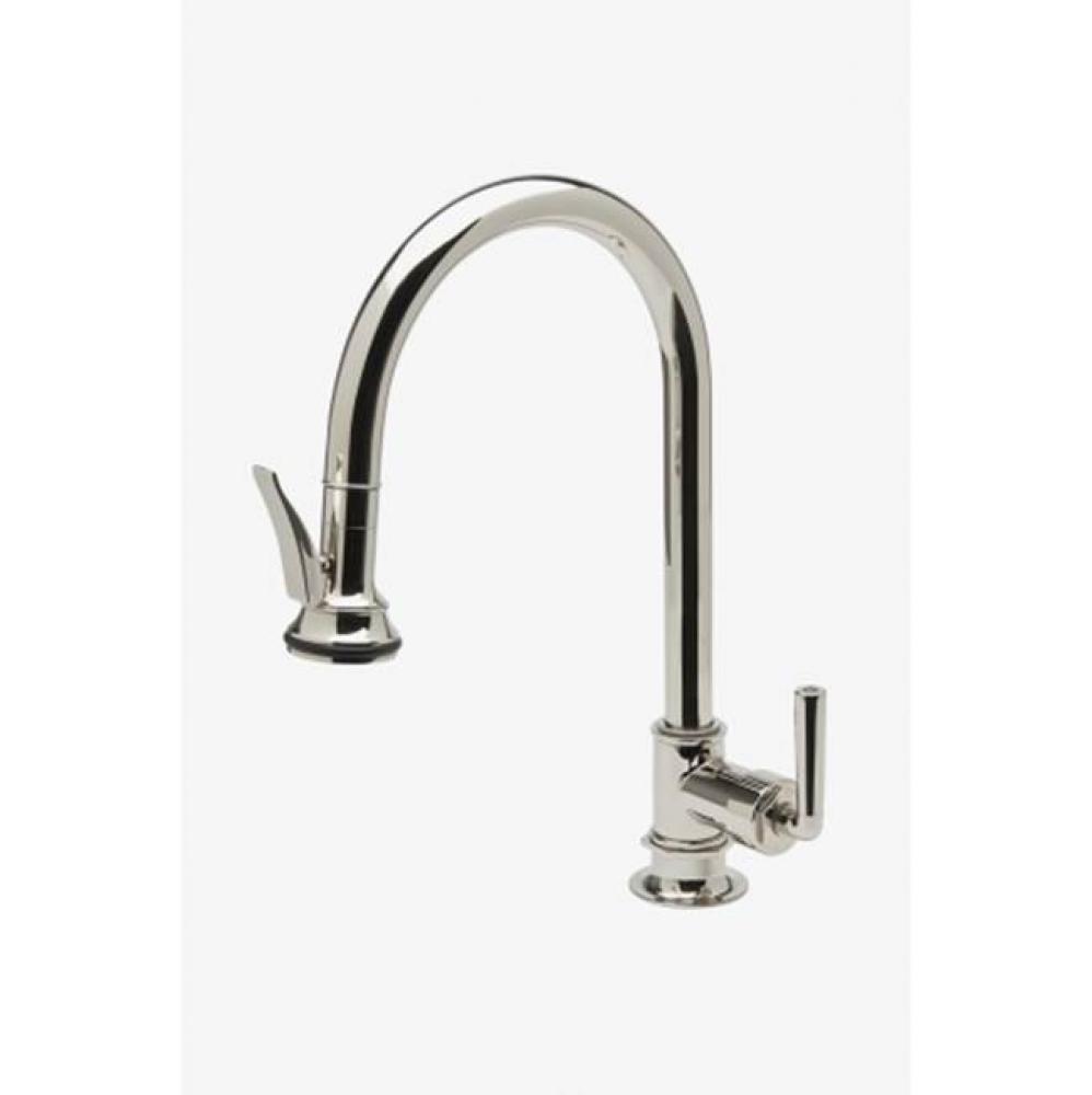 Henry Gooseneck Kitchen Faucet with Pull-Down Spray and Metal Lever Handle and in Unlacquered Bras