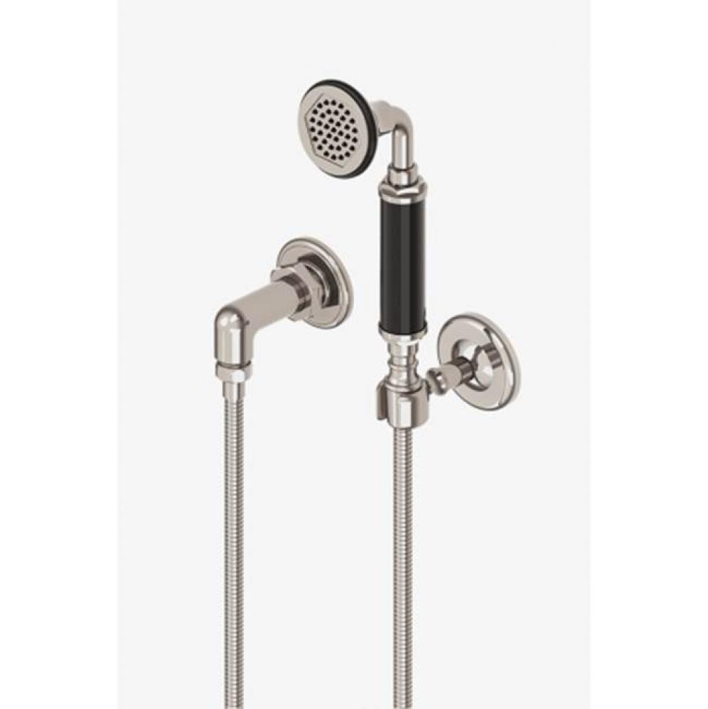 Regulator Handshower on Hook with Black Handle in Unlacquered Brass, 2.5gpm