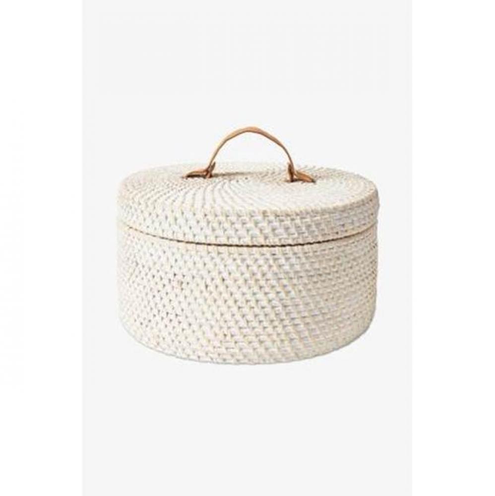 Palm Small Round Storage Basket with Lid and Leather Handle in White Wash