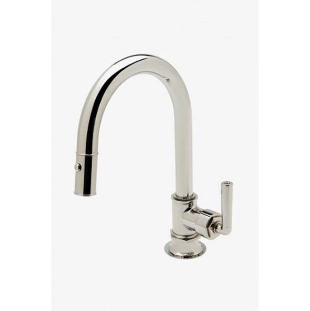 Henry Mid-Size One Hole Gooseneck Kitchen Faucet with Metal Lever Handle Pull Down Spray in Brass,