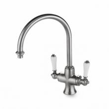 Waterworks 07-93602-86552 - Calais One Hole Gooseneck Kitchen Faucet, White Porcelain Lever Handles in Architectural Bronze,