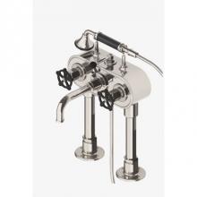 Waterworks 09-04944-47417 - Regulator Exposed Deck Mounted Tub Filler with 2.5gpm Handshower and Black Wheel Handles in Nickel
