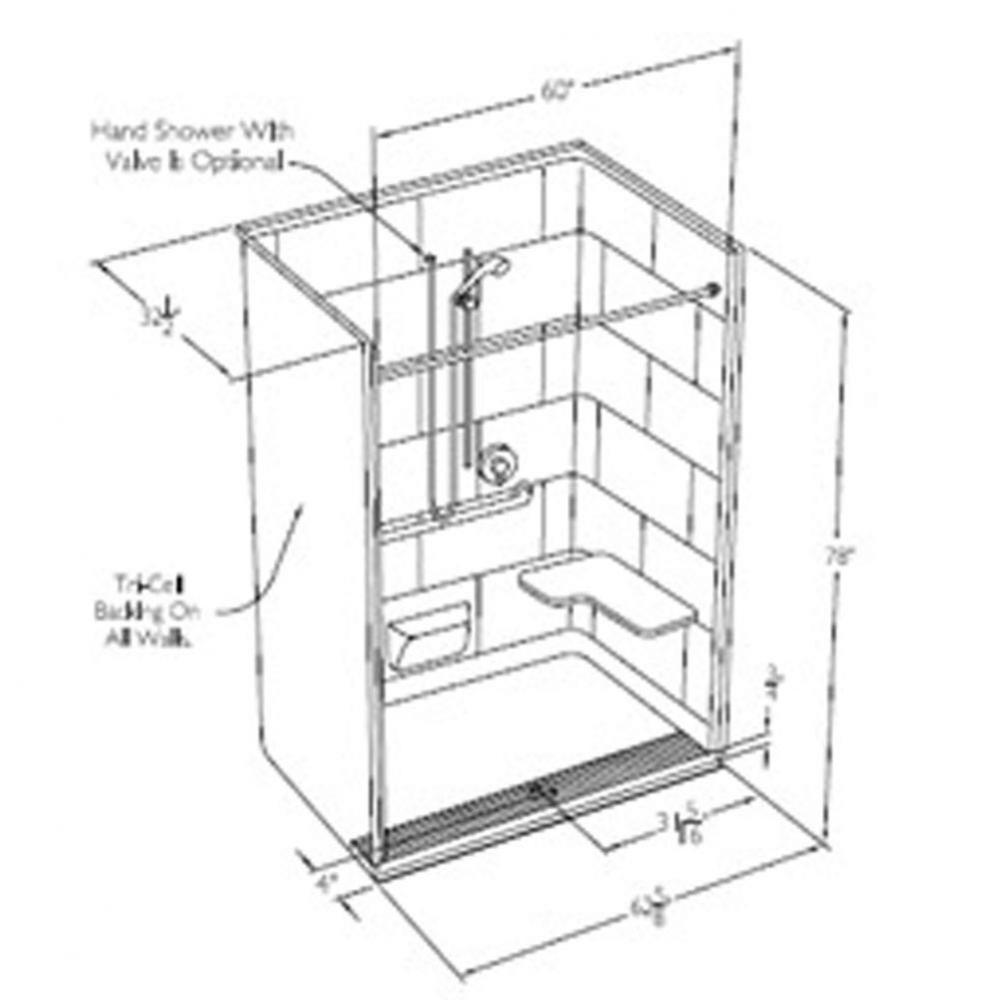 60 x 30 code compliant solid surface one piece roll in shower with integral trench