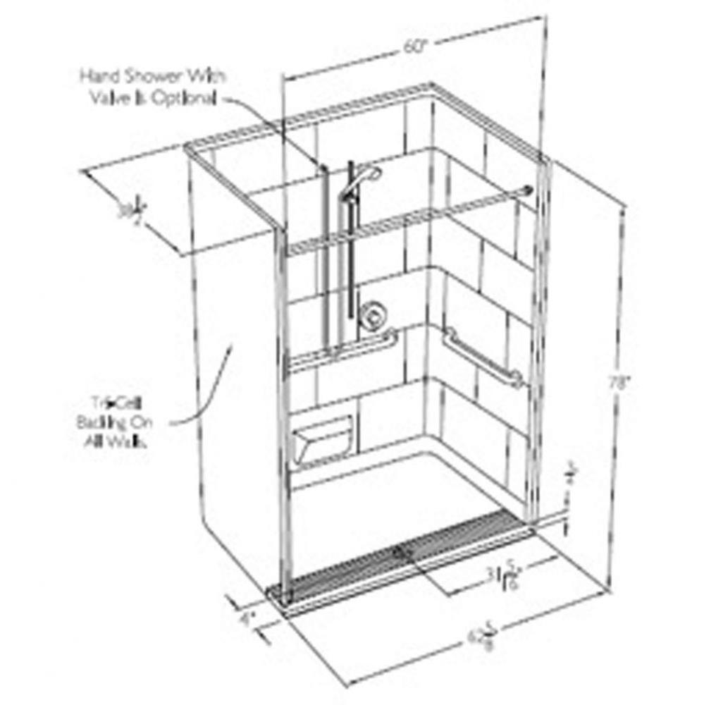 60 x 36 code compliant solid surface one piece roll in shower with integral trench