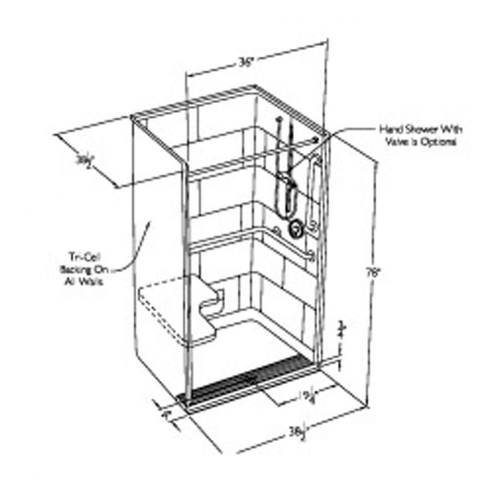 36 x 36 code compliant gelcoat one piece transfer shower with integral trench