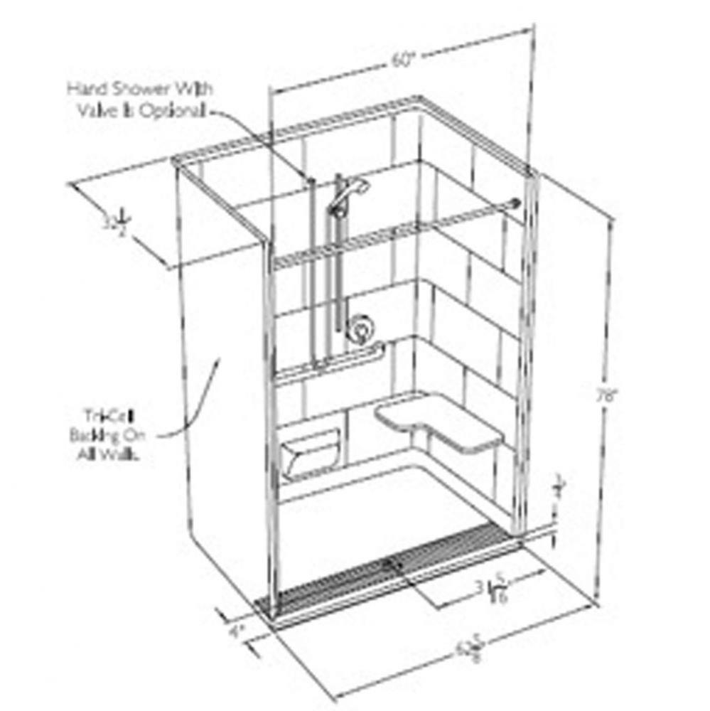 60 x 30 code compliant gelcoat one piece roll in shower with integral trench