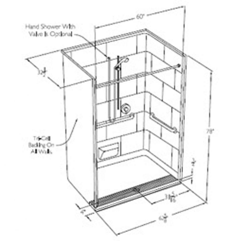 60 x 30 code compliant gelcoat one piece roll in shower with integral trench