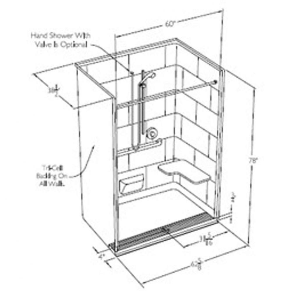 60 x 36 code compliant gelcoat one piece roll in shower with integral trench