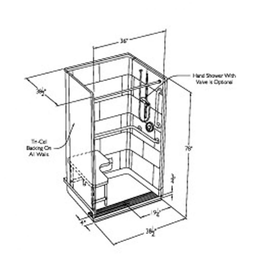 36 x 36 code compliant gelcoat multi-piece transfer shower with integral trench