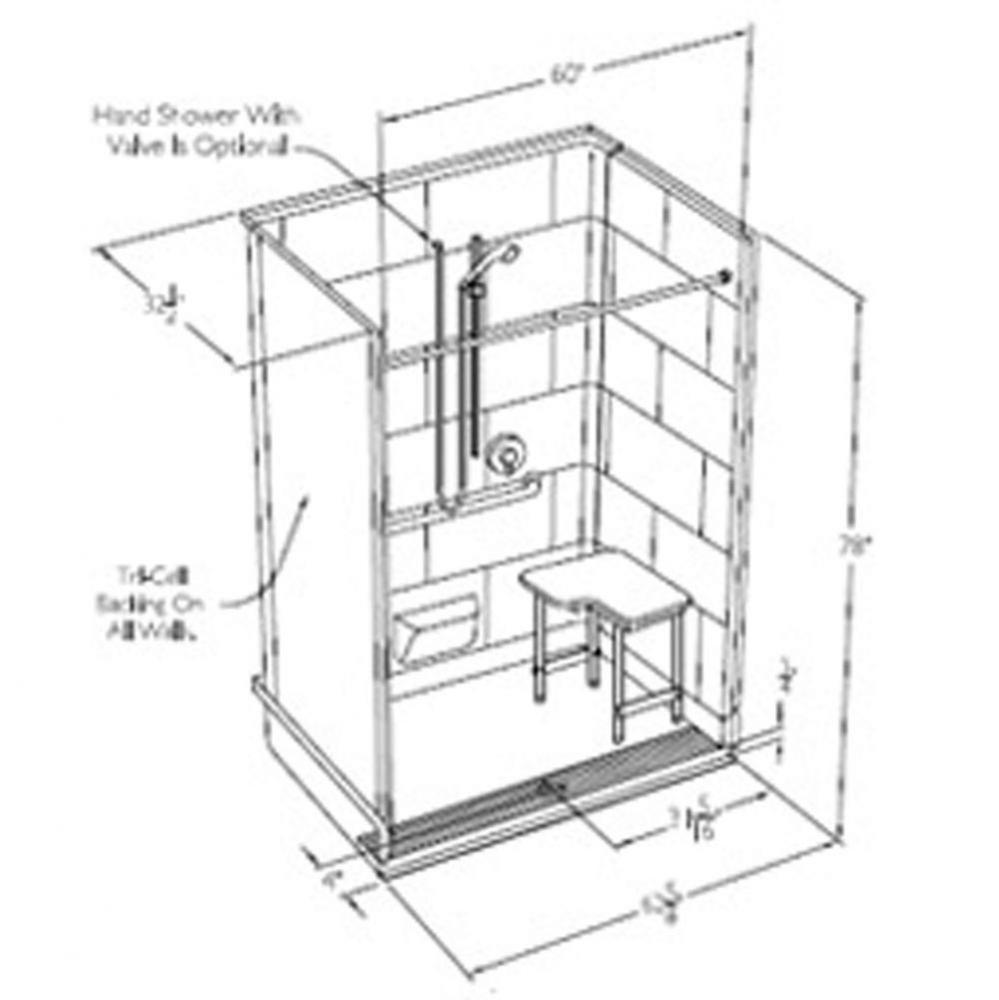 60 x 30 code compliant gelcoat multi-piece roll in shower with integral trench