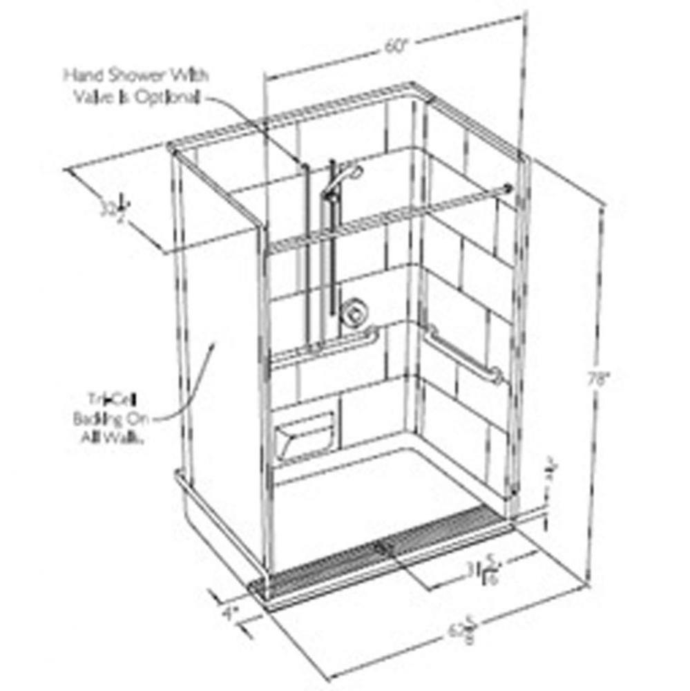 60 x 30 code compliant gelcoat multi-piece roll in shower with integral trench