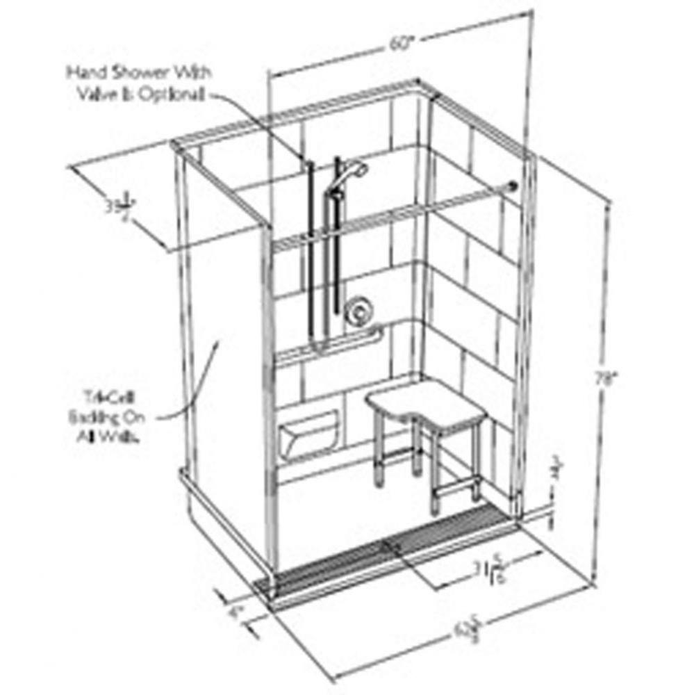 60 x 36 code compliant gelcoat multi-piece roll in shower with integral trench