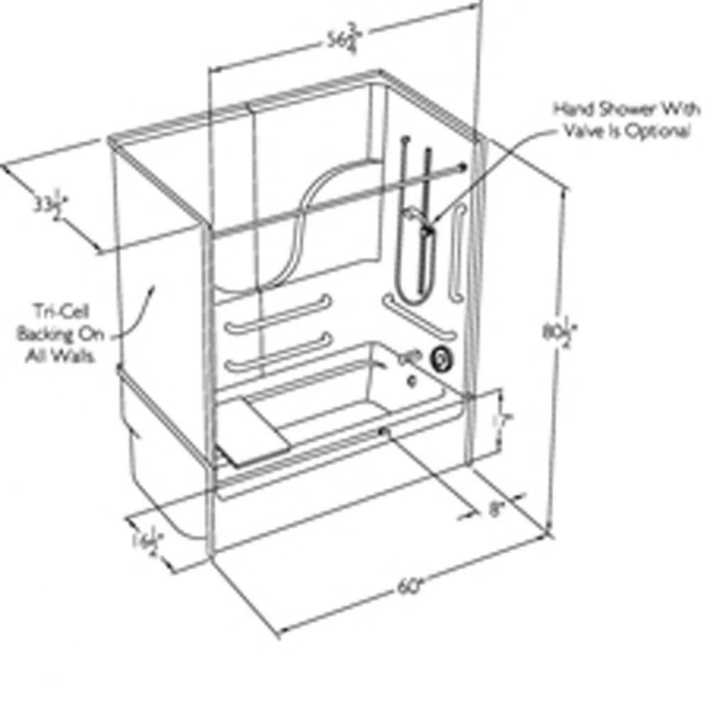 60 x 32 code compliant solid surface multi-piece  tub shower with flat back