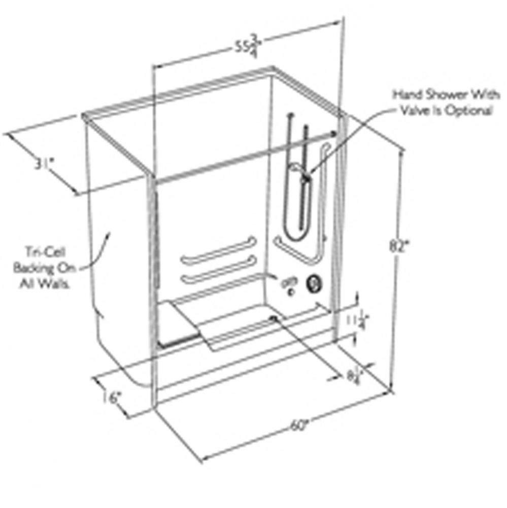 60 x 32 code compliant solid surface tub shower with flat back wall and low step in