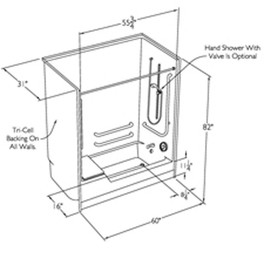 60 x 32 code compliant gelcoat tub shower with flat back wall and low step in