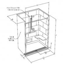 Comfort Designs XST6238TR.75 1P L-Bar - 60 x 36 code compliant gelcoat one piece roll in shower with integral trench