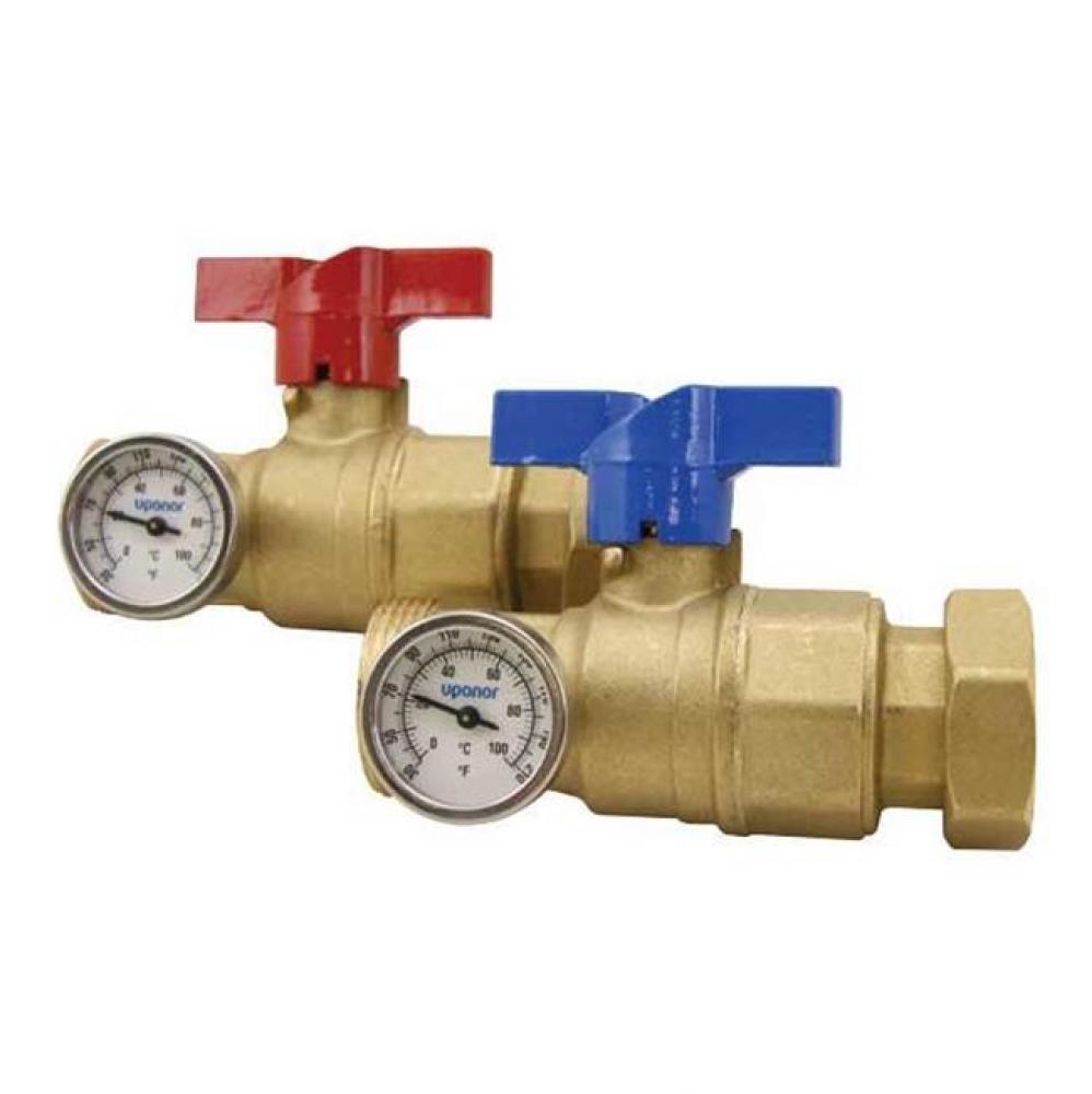 Manifold Supply And Return Ball Valves With Temperature Gauges, Set Of 2