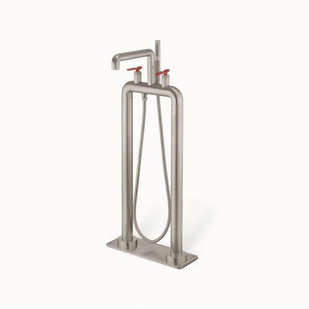 Union Floor-mount Tub Filler with Red Lever Handles BN