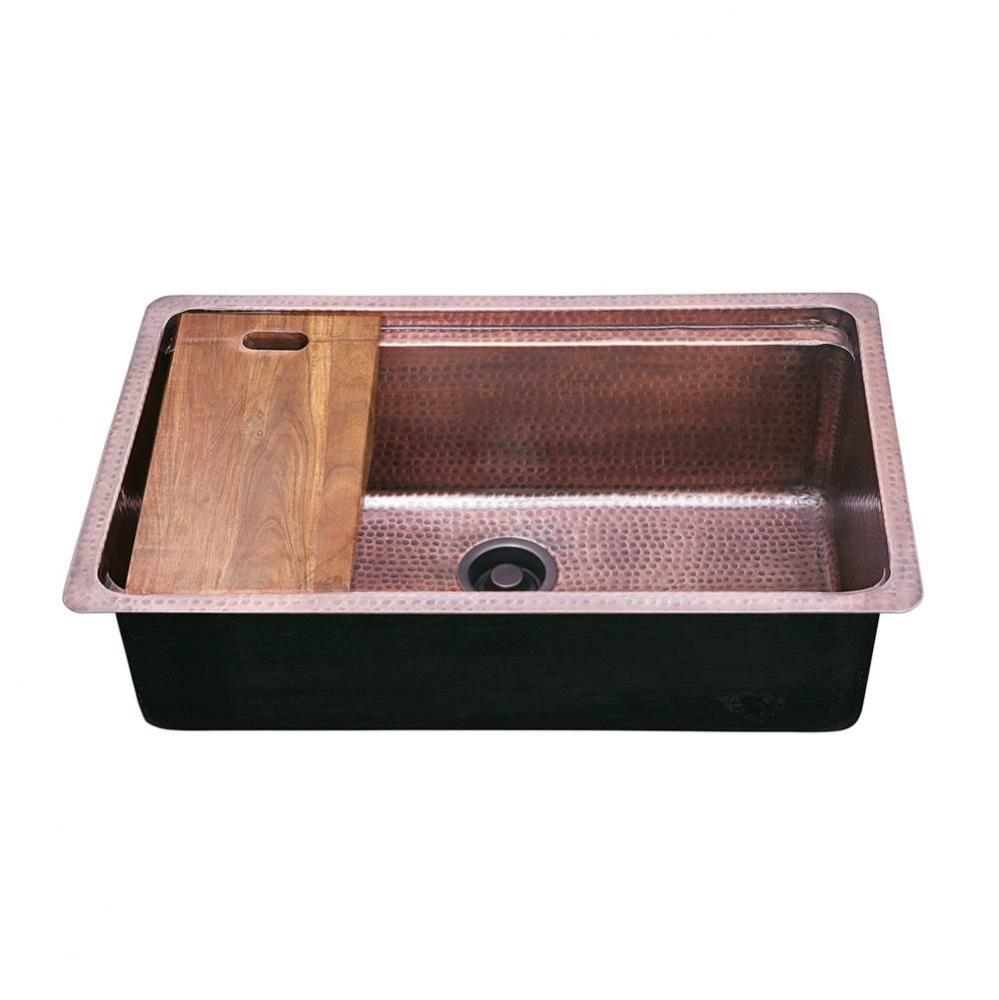 Brightwork Collection Hammered Copperl Large Single Bowl Prep Station Sink. Sink Includes Accacia