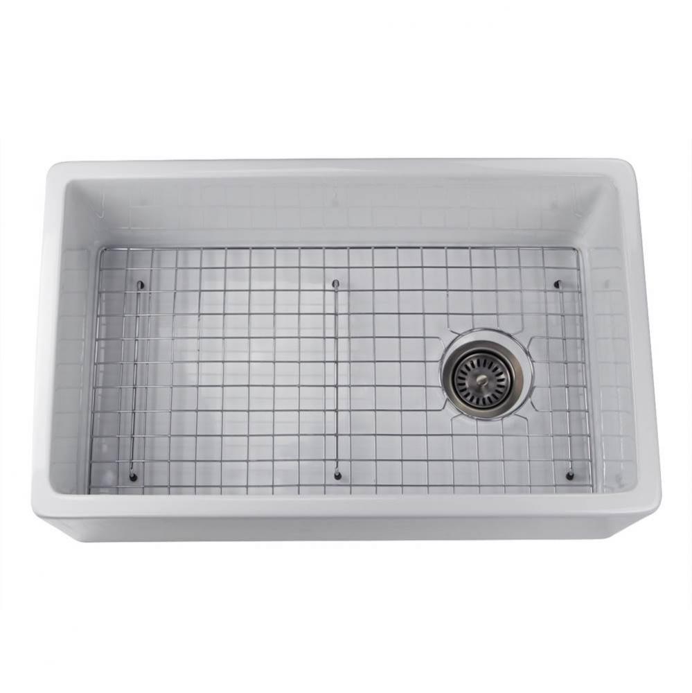 30 Inch White Fireclay Farmhouse Sink Offset Drain with Grid