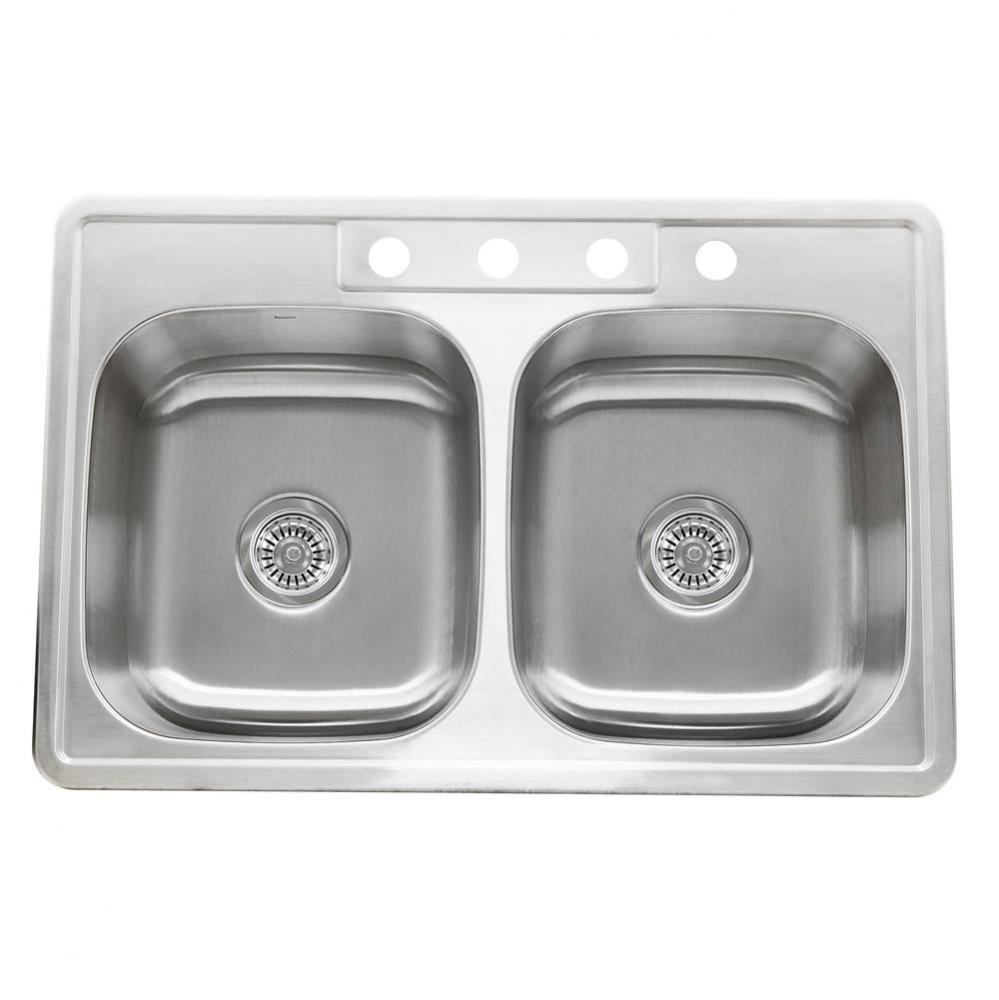 NS3322-DE - 33 Inch Double Bowl Equal Self Rimming Stainless Steel Drop In Kitchen Sink, 18 Gauge