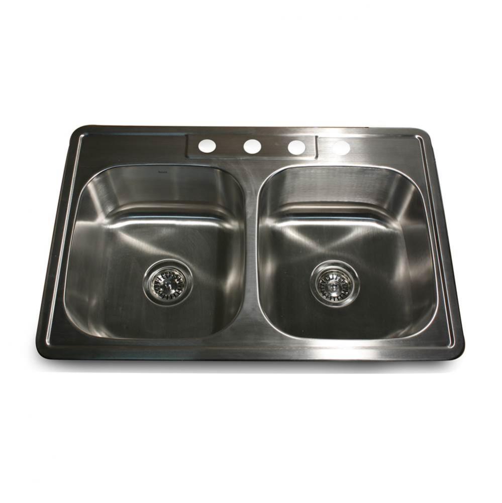 NS3322-DE - 33 Inch Double Bowl Equal Self Rimming Stainless Steel Drop In Kitchen Sink, 18 Gauge