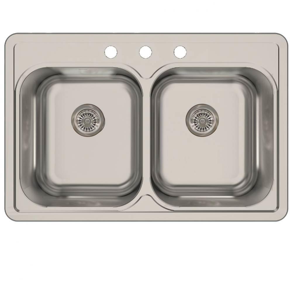 33 Inch Double Bowl Equal Self Rimming Stainless Steel Drop In Kitchen Sink, 18 Gauge
