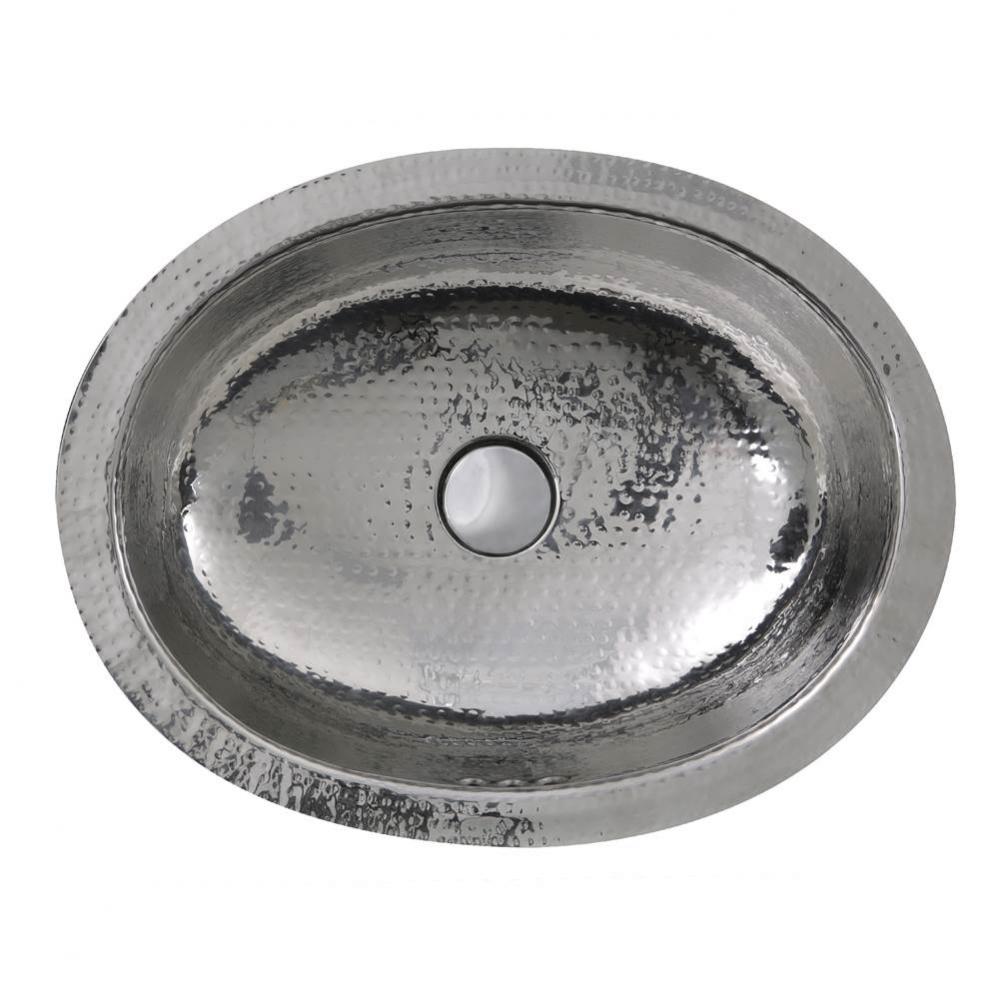 17.5 Inch x 13.75 Inch Hand Hammered Stainless Steel Oval Undermount Bathroom Sink With Overflow