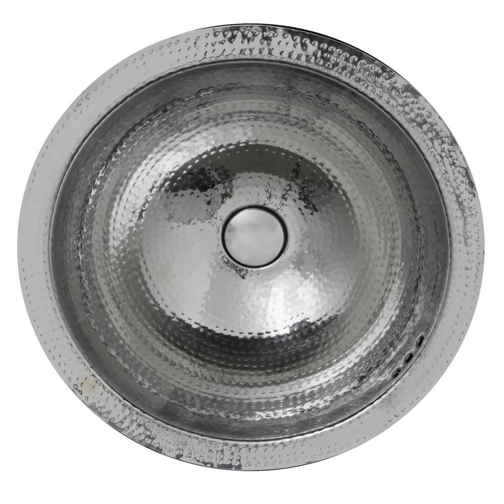 16.875 Inch Hand Hammered Stainless Steel Round Undermount Bathroom Sink With Overflow