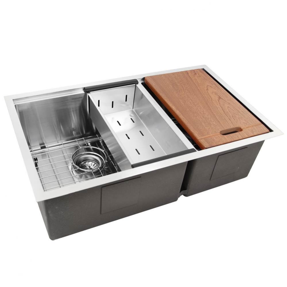 Offset Double Bowl Prep Station Small Radius Undermount Stainless Sink with Accessories