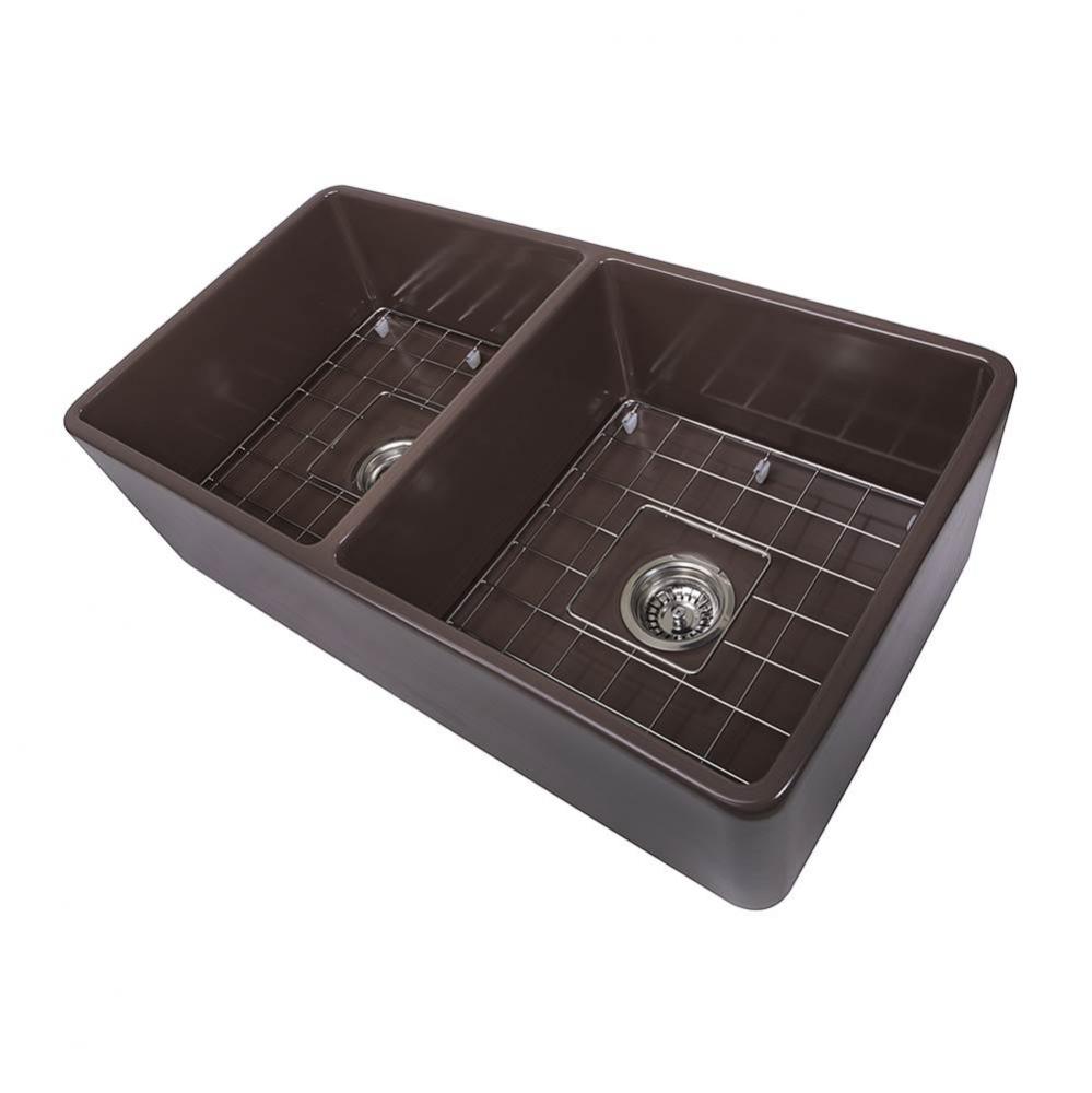 33 Inch Double Bowl Coffee Brown Farmhouse Fireclay Kitchen Sink