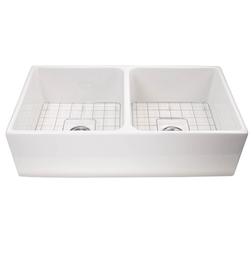 36 Inch Double Bowl Farmhouse Fireclay Sink with Drains and Grids