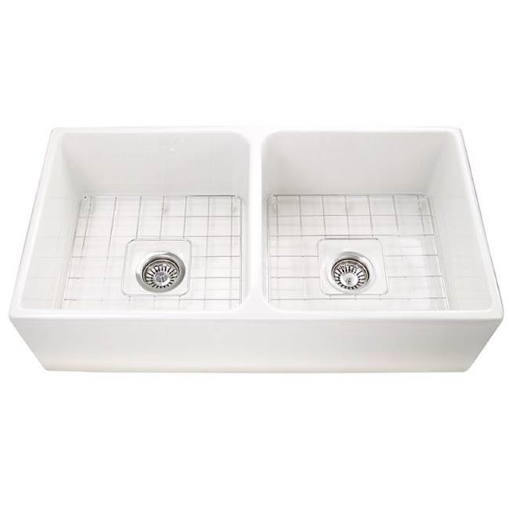 36 Inch Double Bowl Farmhouse Fireclay Sink with Grids and Drains