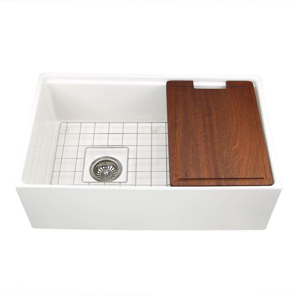 30 Inch Fireclay Sink With OffSet Drain. Grid and Drain and Wood Cutting Board Included